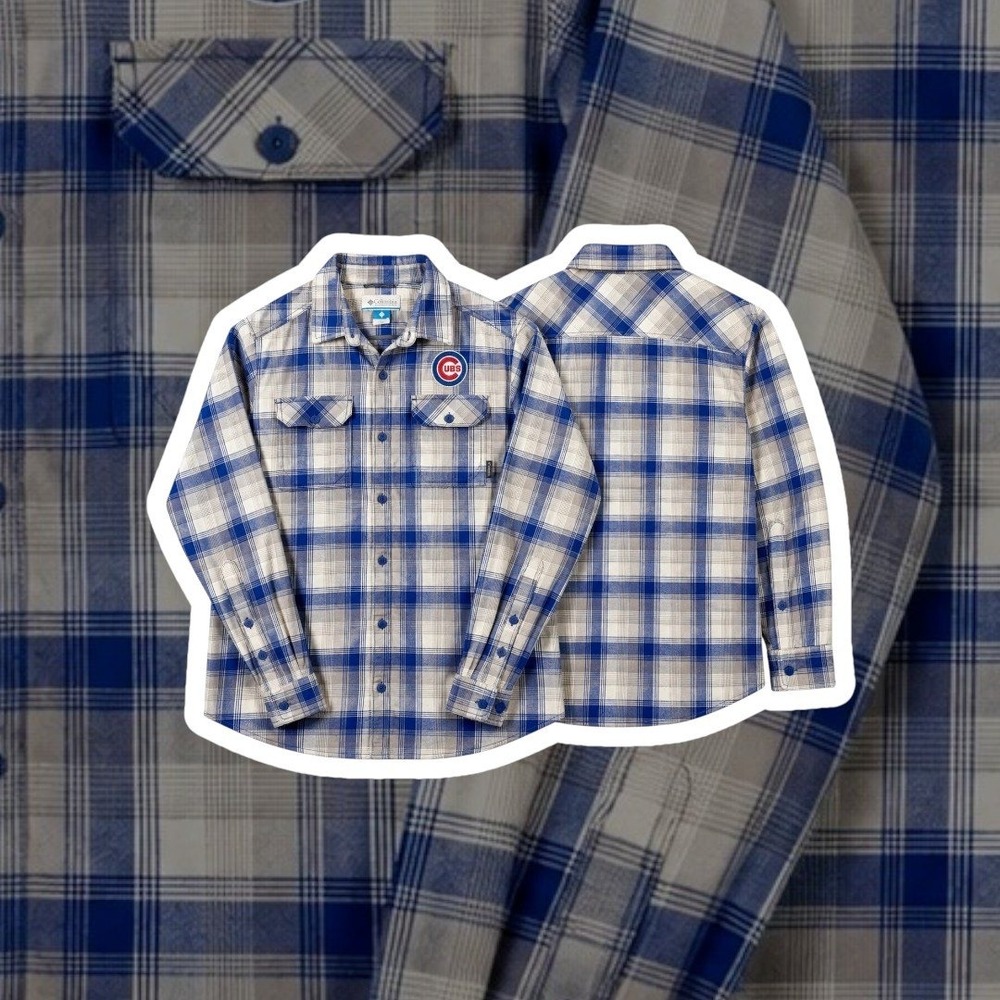 Columbia Chicago Cubs Flannel Shirt Mens Medium Blue White Plaid Button Down M